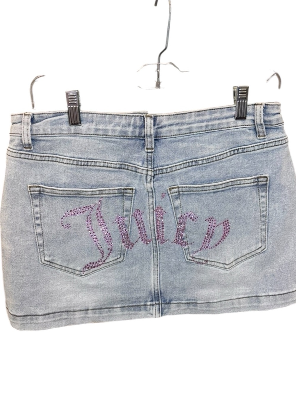 Juicy Couture Light Wash Denim Mini Skirt w Pink Crystal Juicy Logo: Size 9/28
